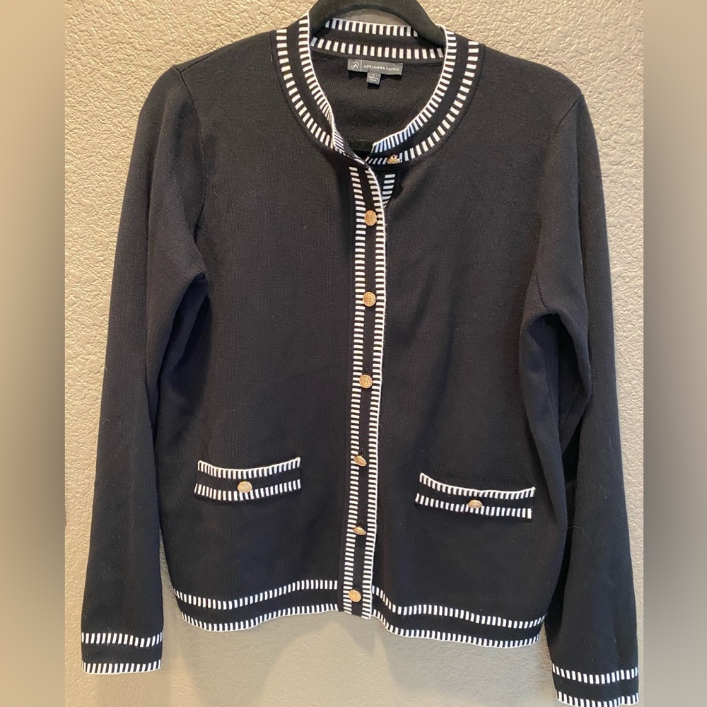 Adrianna Papell Black Cardigan with White Trim